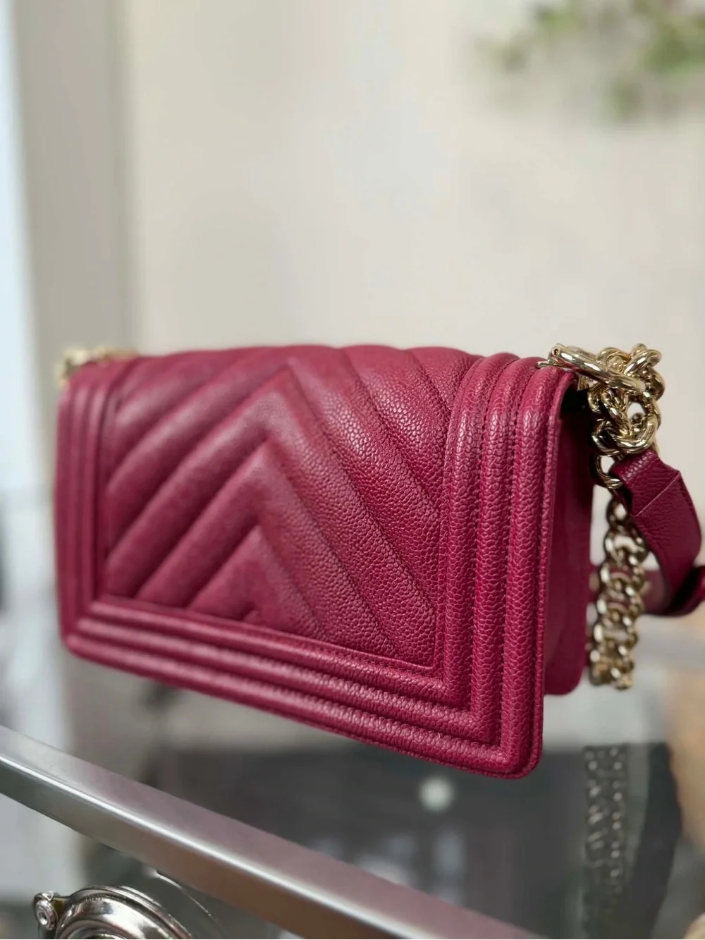 CHANEL Boy Chevron Quilted Crossbody Bag in Deep Berry with Gold Hardware